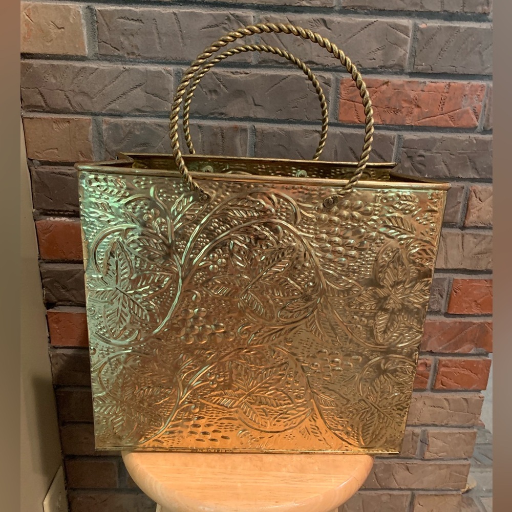 Vintage Brass Embossed Leaves 1970s Shopping Tote Magazine Holder